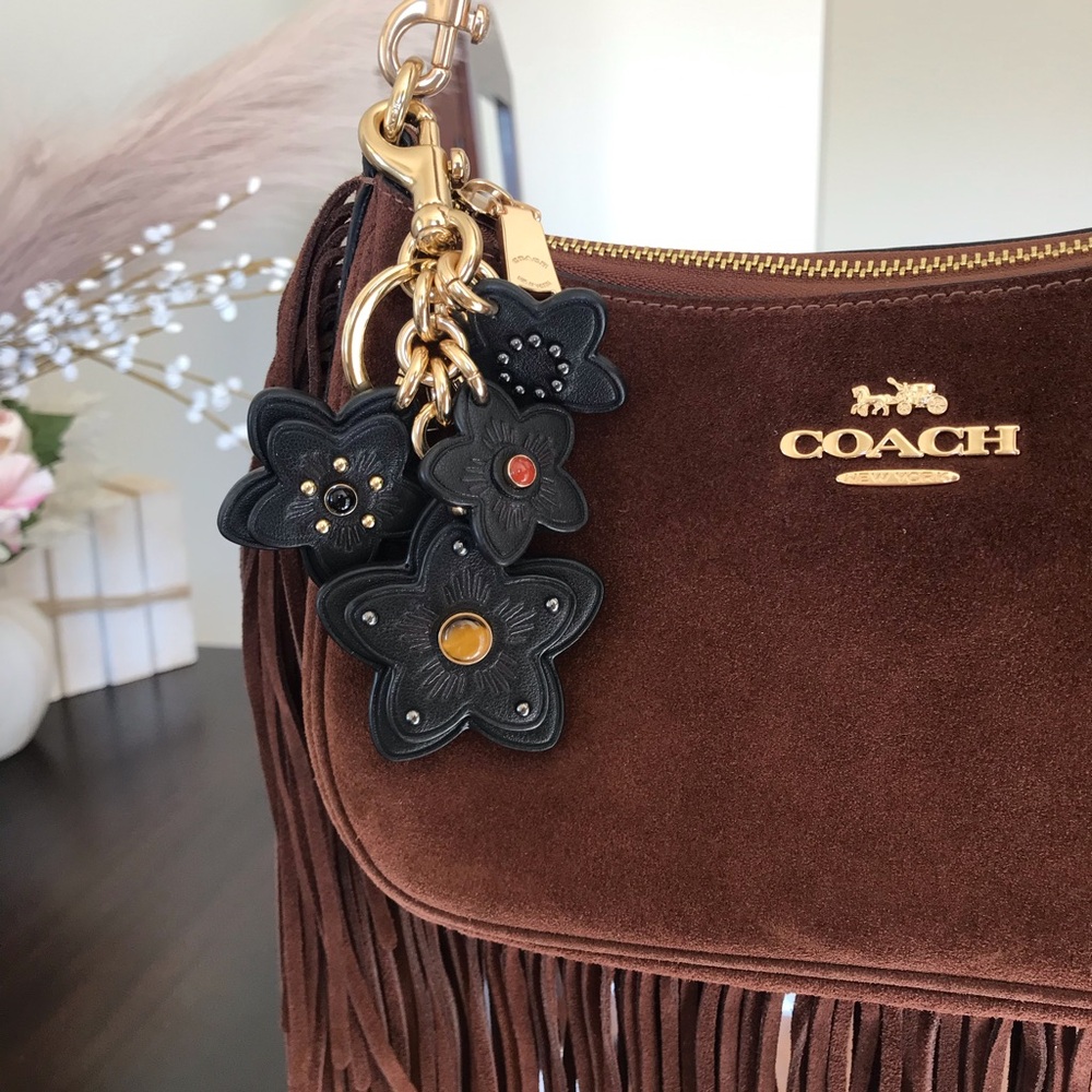 Coach Wildflower Mix Leather Bag Charm Key Chain, Black / Gold